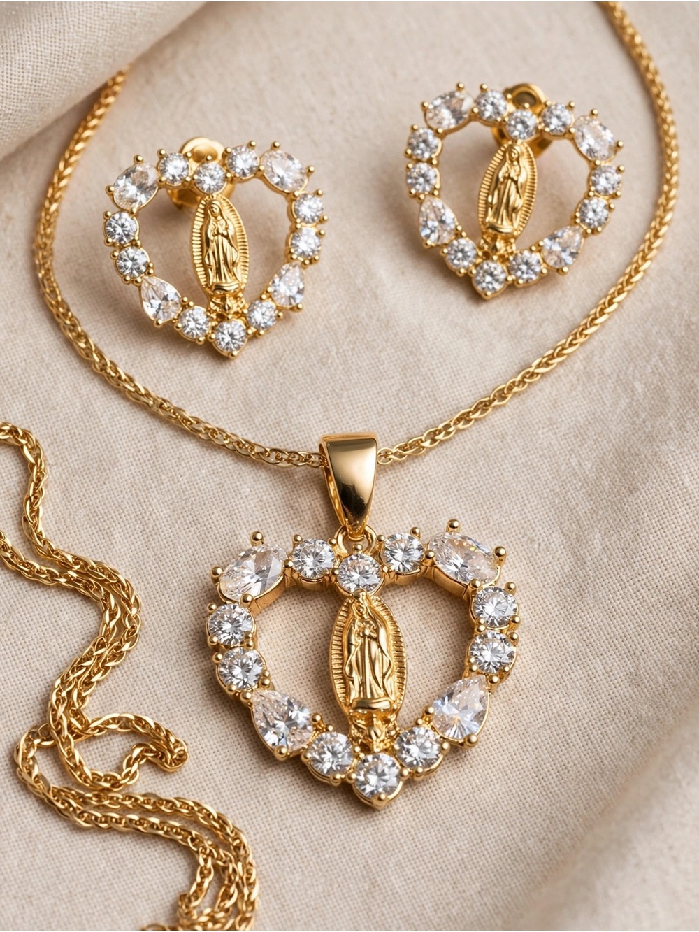 Gold Heart CZ Pendant Necklace & Earrings Set - Gold